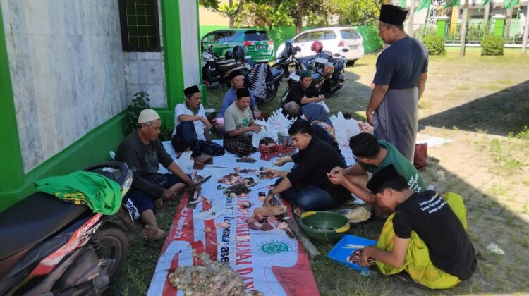 Kader PPP Rembang mengemas daging kurban di Kantor DPC PPP Rembang, Sabtu (7/6/2025). (Foto: dok DPC PPP Rembang/rembangsepekan.com)