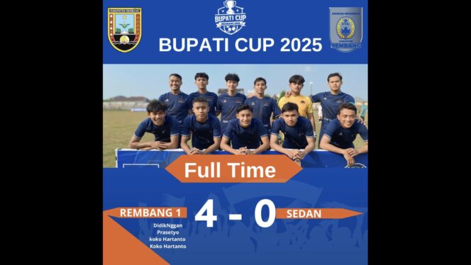 
					PS Rembang 1 berhasil tumbangkan PS Sedan 4-0 di Bupati Cup Rembang 2025. (Foto: rembangsepekan.com)